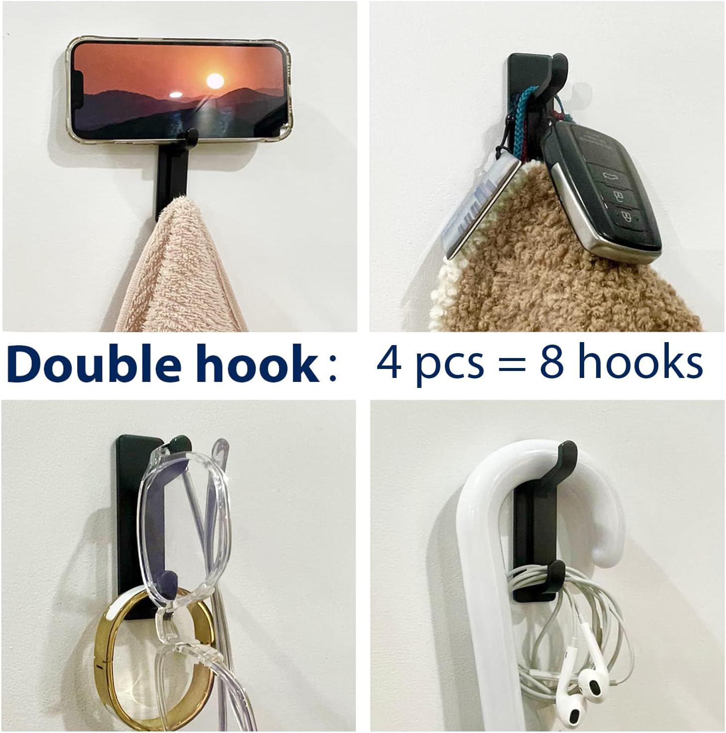 pickpiff Wall Hooks for Coat and Towel: 13LB Strong Adhesive Door Hanger Stick on. Black 4 Pack - Image 3
