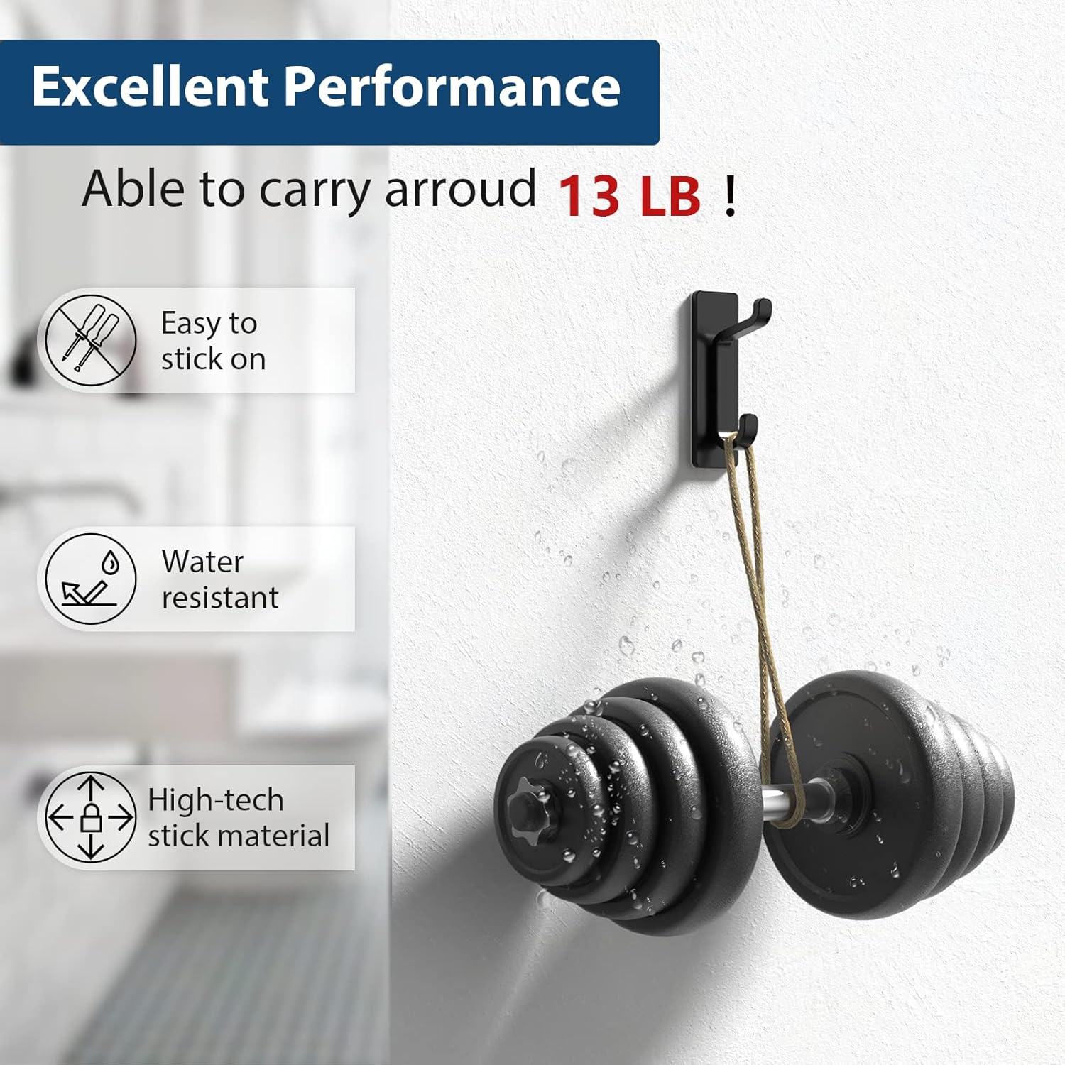 pickpiff Wall Hooks for Coat and Towel: 13LB Strong Adhesive Door Hanger Stick on. Black 4 Pack - Image 2